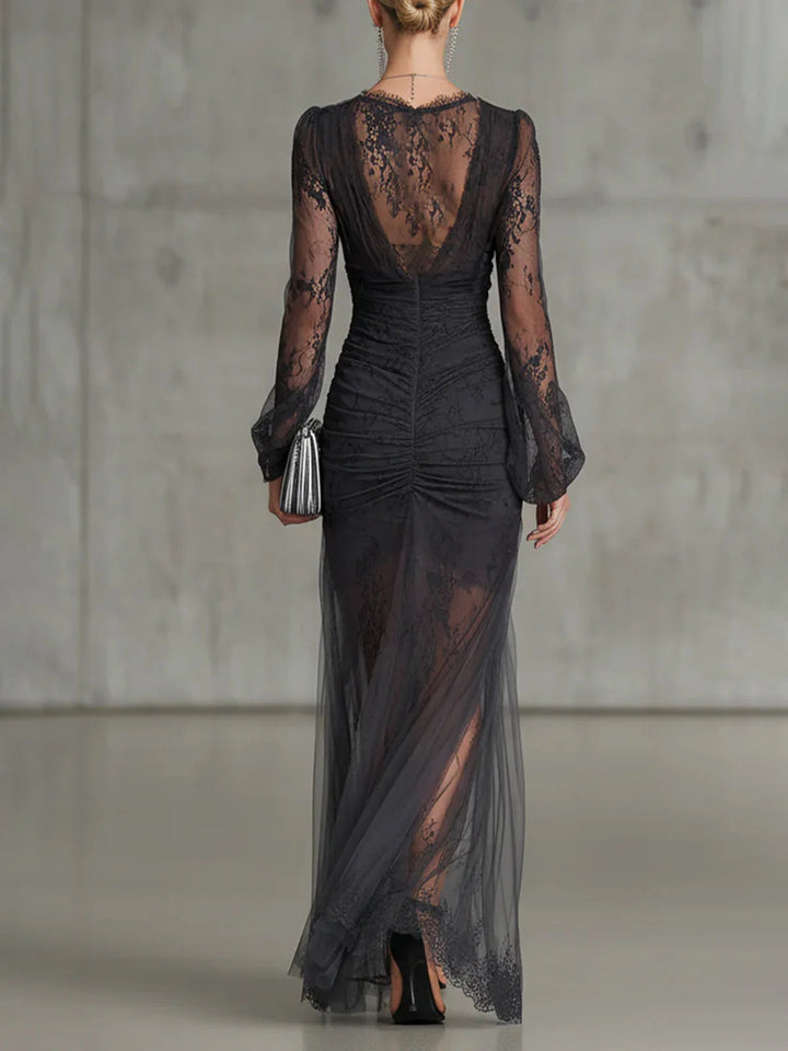 Sofia | Robe Maxi Froncée en Dentelle Gris Foncé