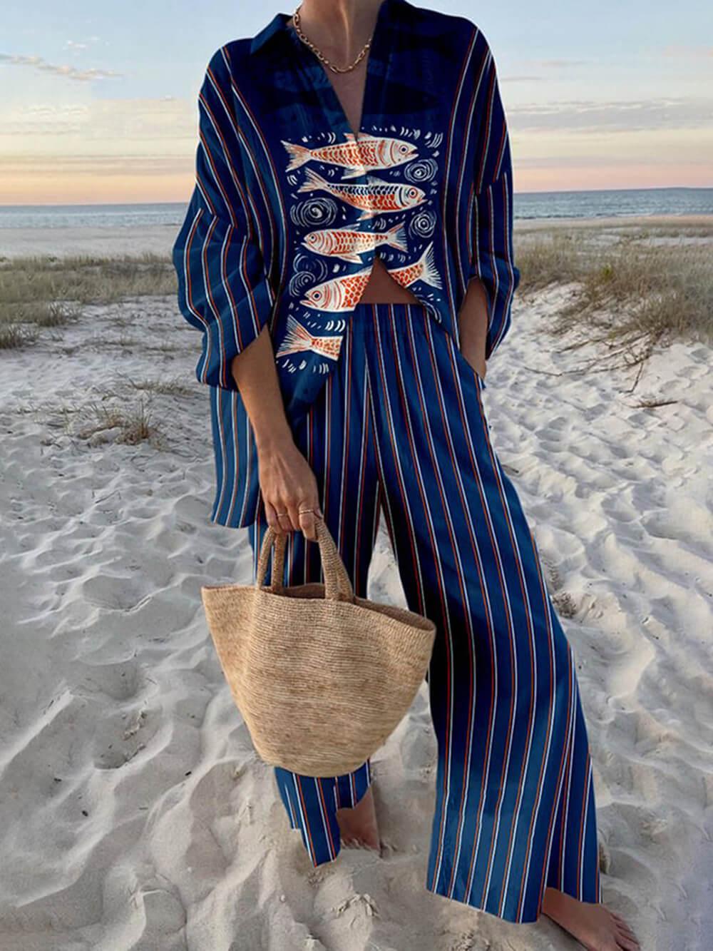 Mae | Chemise Oversize Complète avec Imprimé Océan de Style Insulaire et Pantalons avec Poches Élastiques