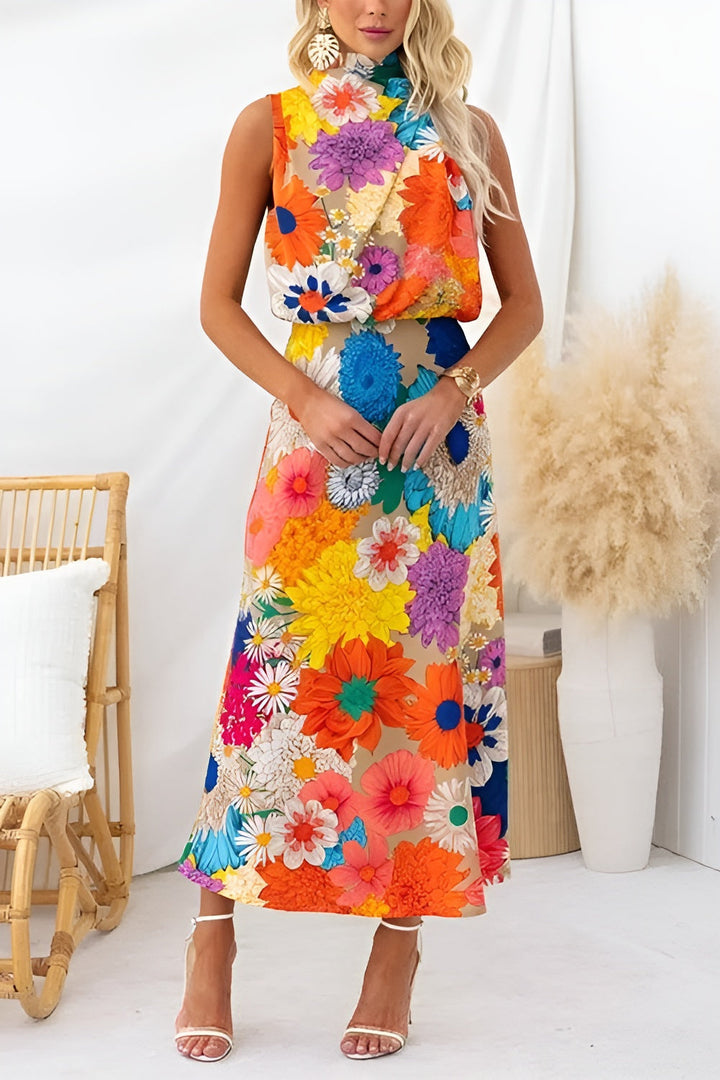 Estate | Robe maxi sans manches avec nœud à la taille et imprimé floral