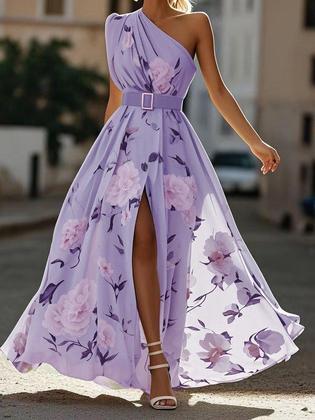Julie | Robe Maxi Chiffon Florale à Épaules Dégagées Vert Clair
