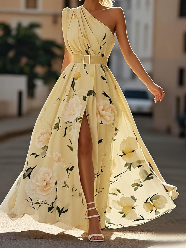 Julie | Robe Maxi Chiffon Florale à Épaules Dégagées Vert Clair