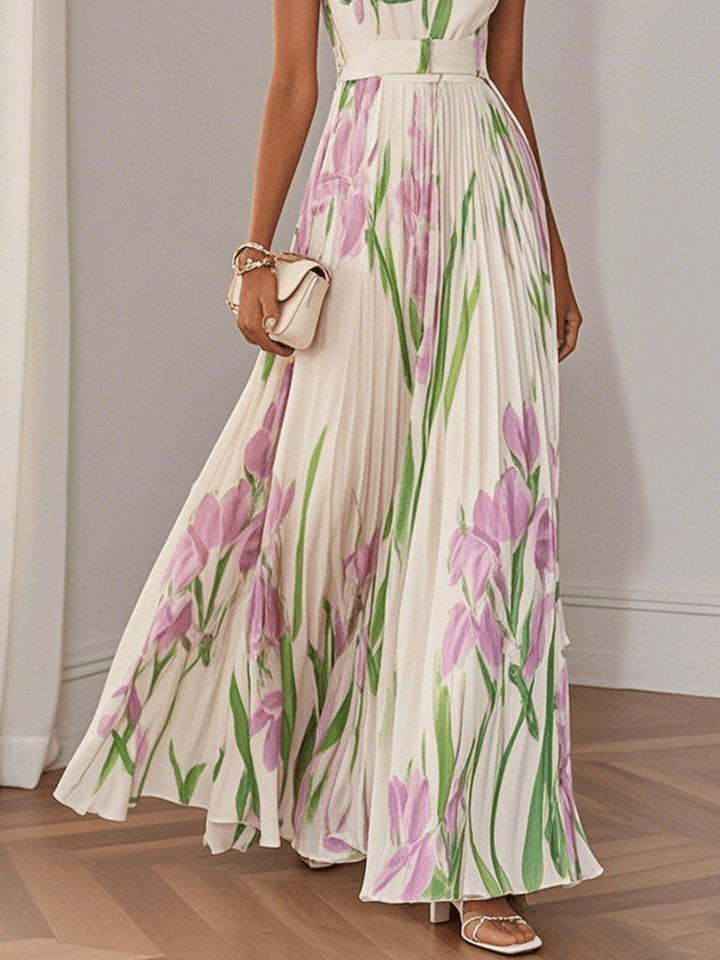 Marie | Robe Maxi Chiffon Florale Plissée Blanche