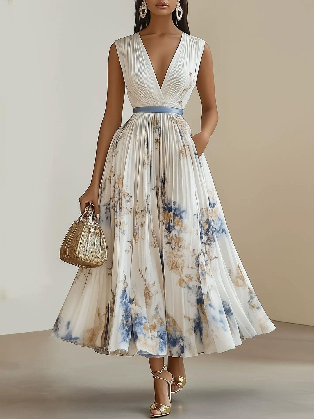 Chloé | Robe midi plissée en chiffon floral blanc avec décolleté en V