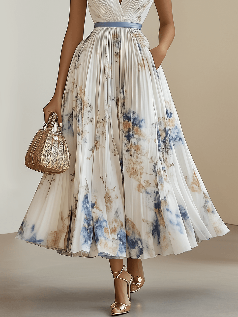 Chloé | Robe midi plissée en chiffon floral blanc avec décolleté en V