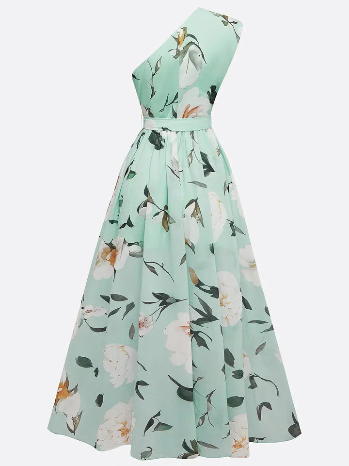 Julie | Robe Maxi Chiffon Florale à Épaules Dégagées Vert Clair
