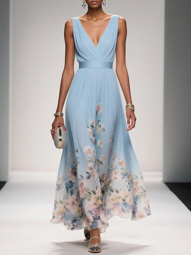 Rosa | Robe Maxi en Chiffon avec Fleurs Bleu Clair et Décolleté en V
