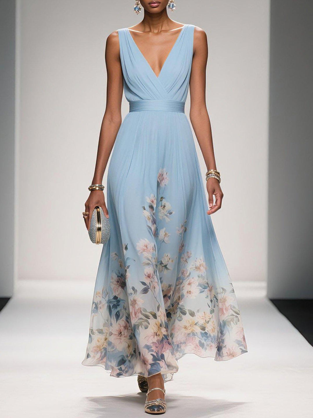 Rosa | Robe Maxi en Chiffon avec Fleurs Bleu Clair et Décolleté en V
