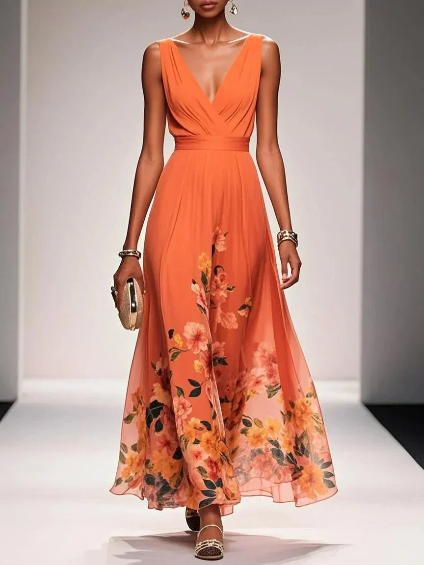 Rosa | Robe Maxi en Chiffon avec Fleurs Bleu Clair et Décolleté en V