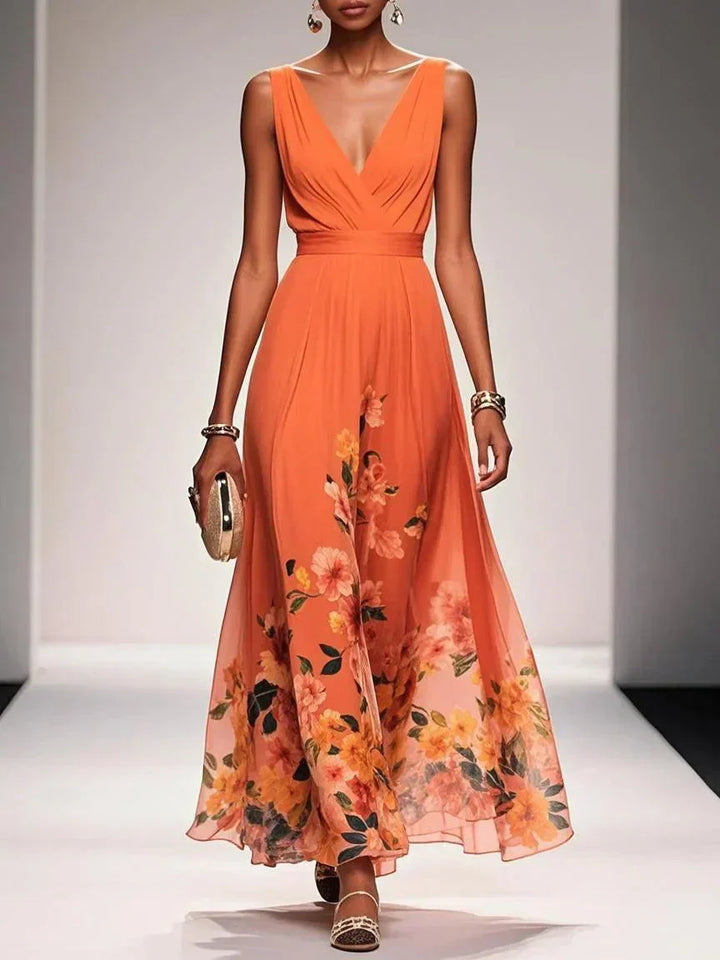 Rosa | Robe Maxi en Chiffon avec Fleurs Bleu Clair et Décolleté en V