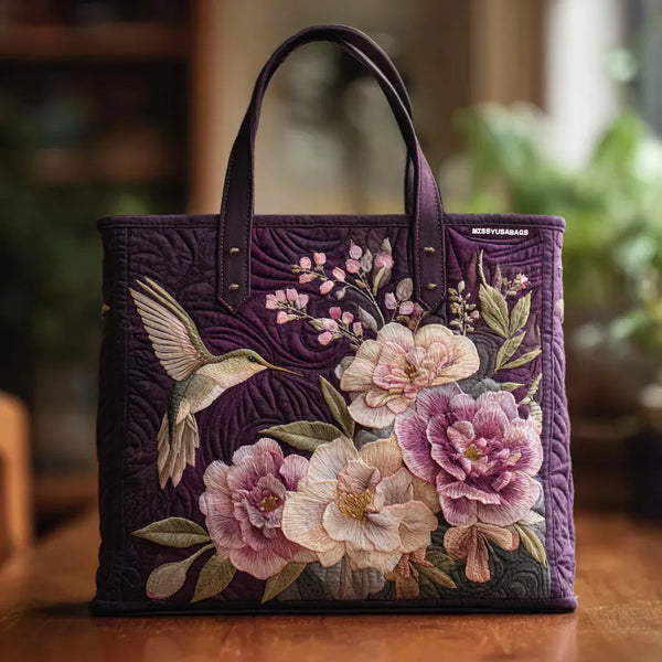 Sac à provisions matelassé violet avec colibris et orchidées