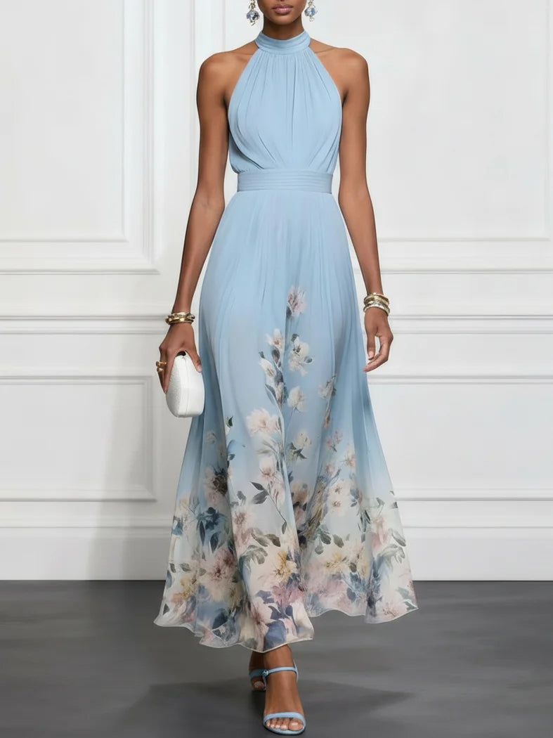 Rosalyn | Robe Maxi Chiffon avec Fleurs Bleues