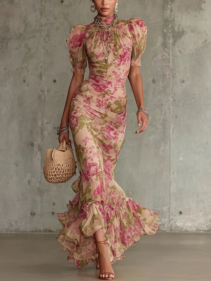 Mae | Robe Maxi avec Imprimé Rose Vintage et Manches Bouffantes