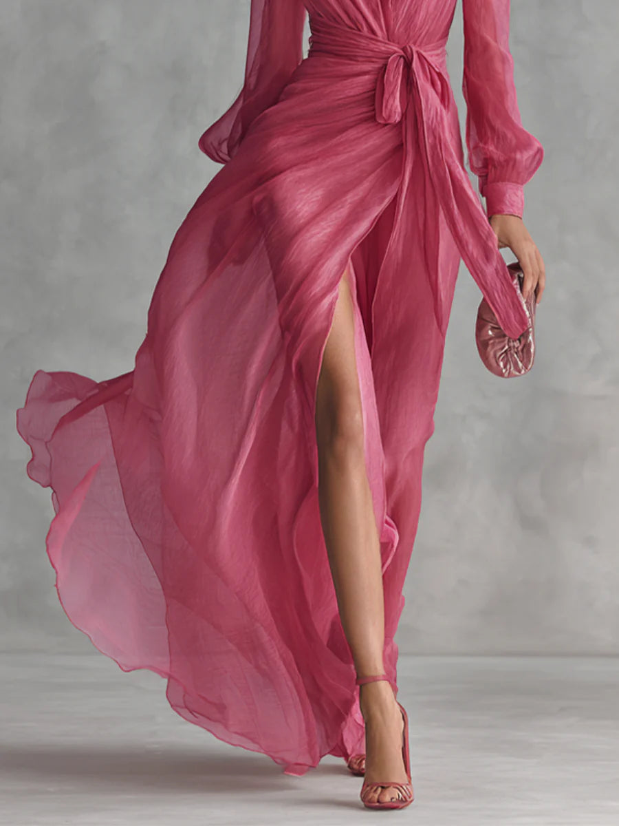 Beatrice | Robe longue en chiffon élégante avec décolleté en V et taille à nouer