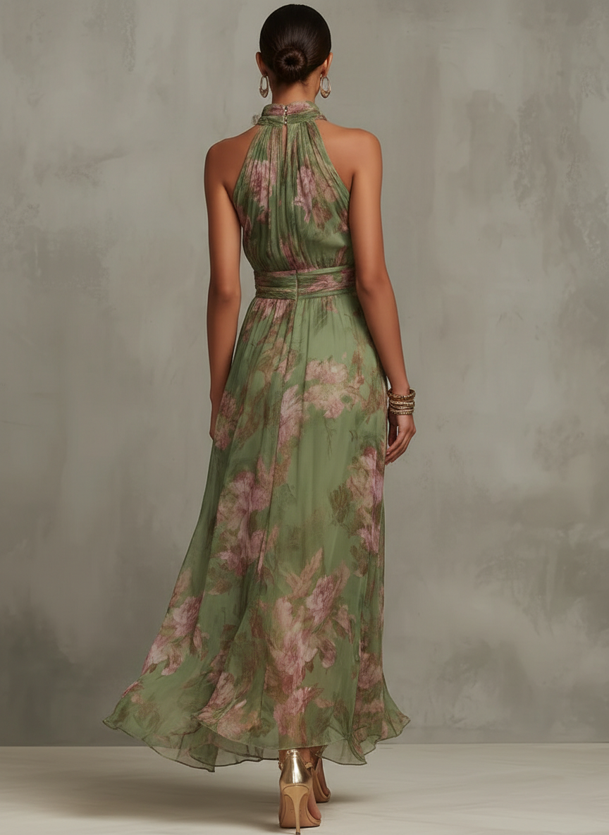 Firenze | Robe Maxi Chiffon Florale Verte à Dos Nu