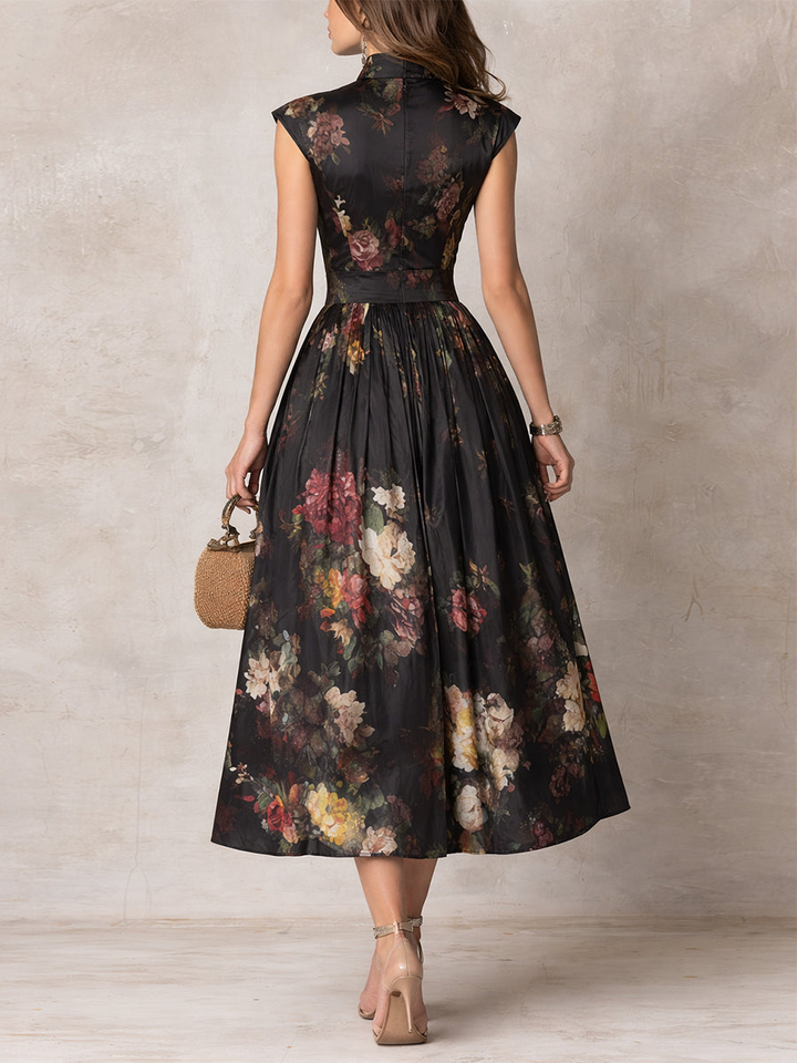 Patricia | Robe Midi Plissée en Satin Floral Noir