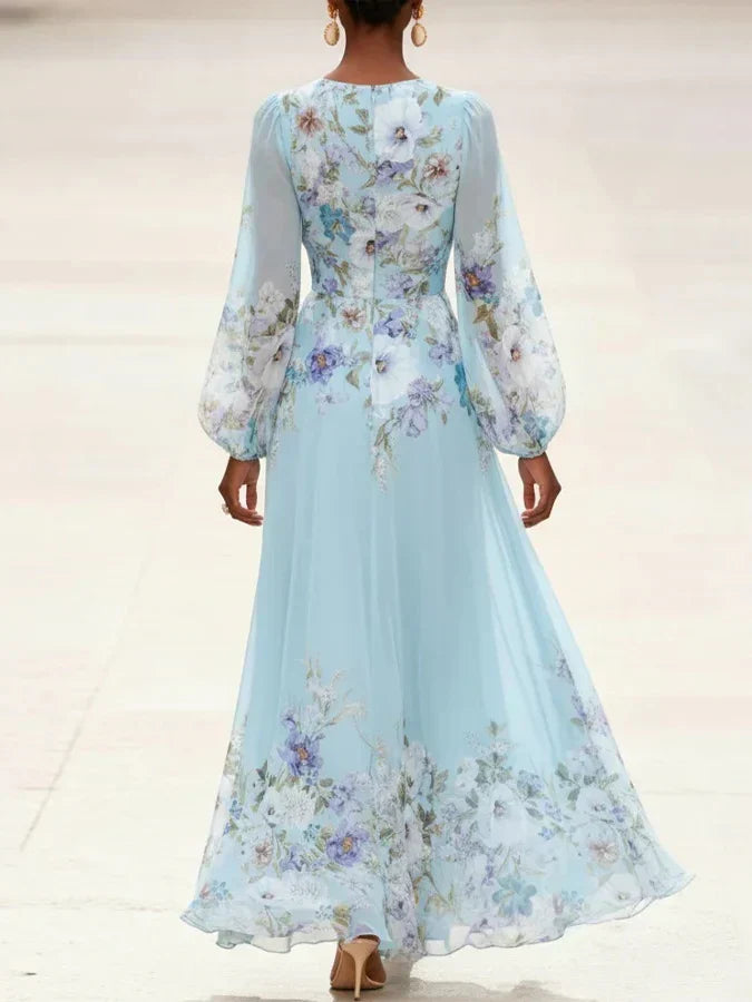 Mia | Robe Maxi Chiffon Floral Bleu Clair avec Décolleté en V