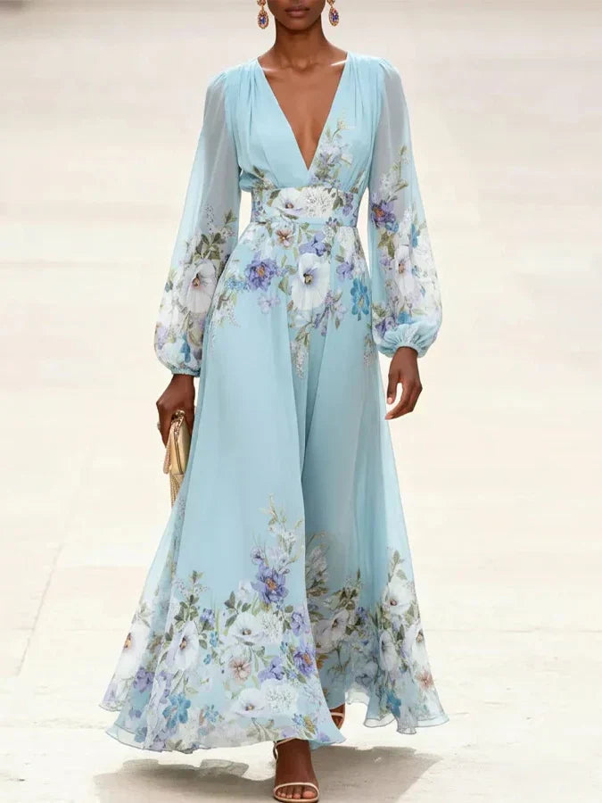 Mia | Robe Maxi Chiffon Floral Bleu Clair avec Décolleté en V