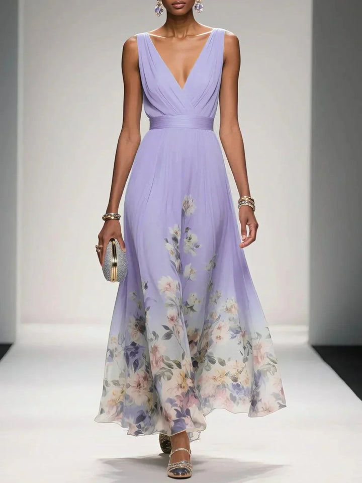 Rosa | Robe Maxi en Chiffon avec Fleurs Bleu Clair et Décolleté en V