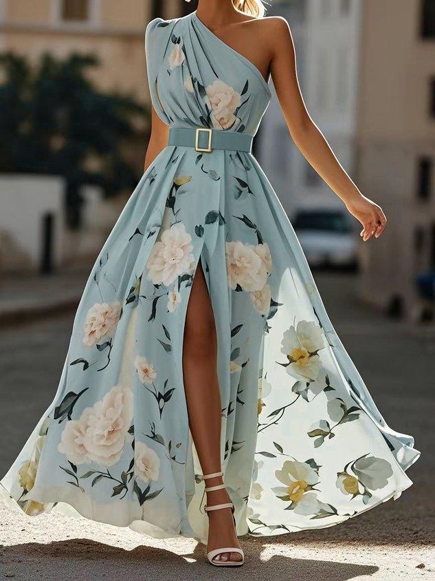 Julie | Robe Maxi Chiffon Florale à Épaules Dégagées Vert Clair