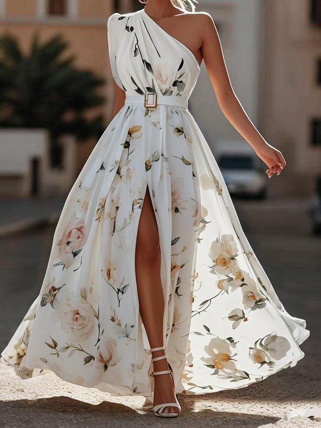 Julie | Robe Maxi Chiffon Florale à Épaules Dégagées Vert Clair