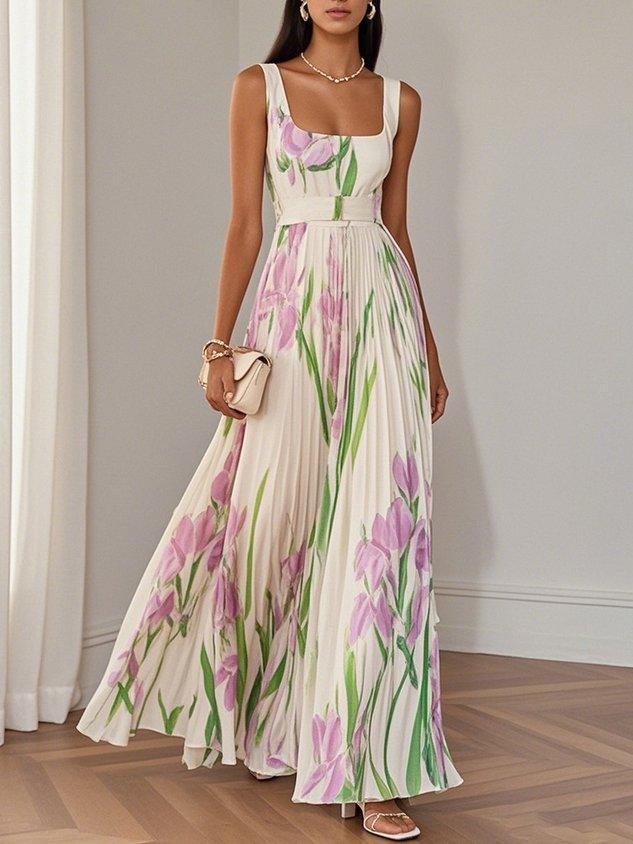 Marie | Robe Maxi Chiffon Florale Plissée Blanche
