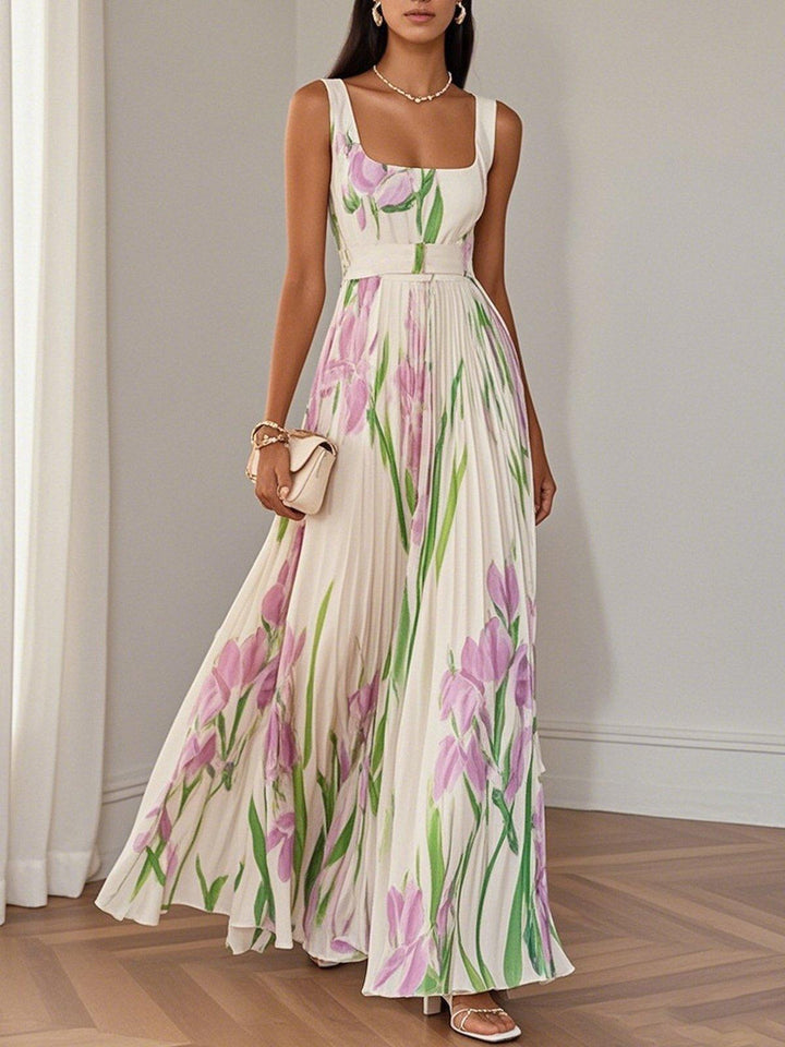 Marie | Robe Maxi Chiffon Florale Plissée Blanche