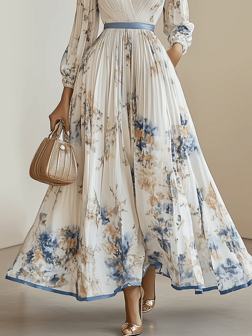 Amalia | Robe Maxi en Chiffon Floral Blanc avec Manches Volumineuses
