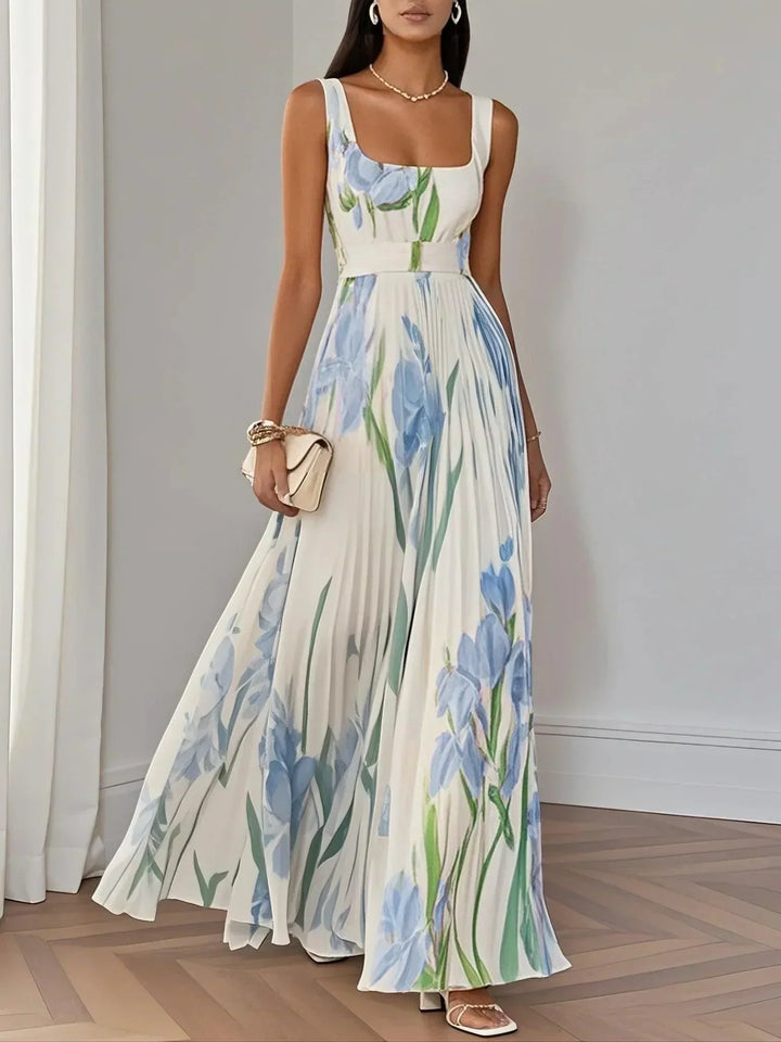 Marie | Robe Maxi Chiffon Florale Plissée Blanche