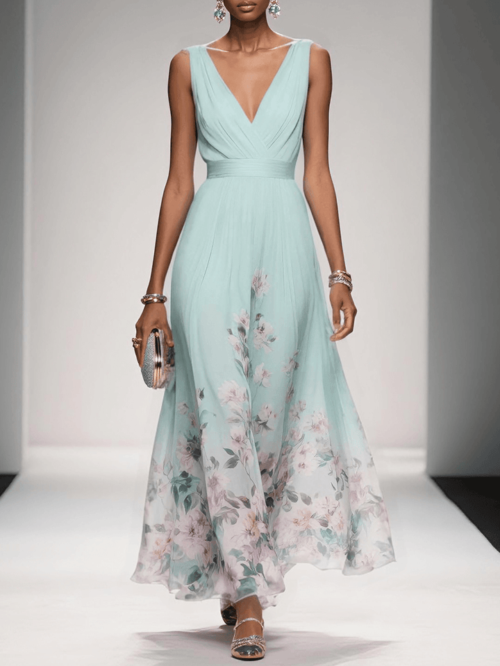 Rosa | Robe Maxi en Chiffon avec Fleurs Bleu Clair et Décolleté en V